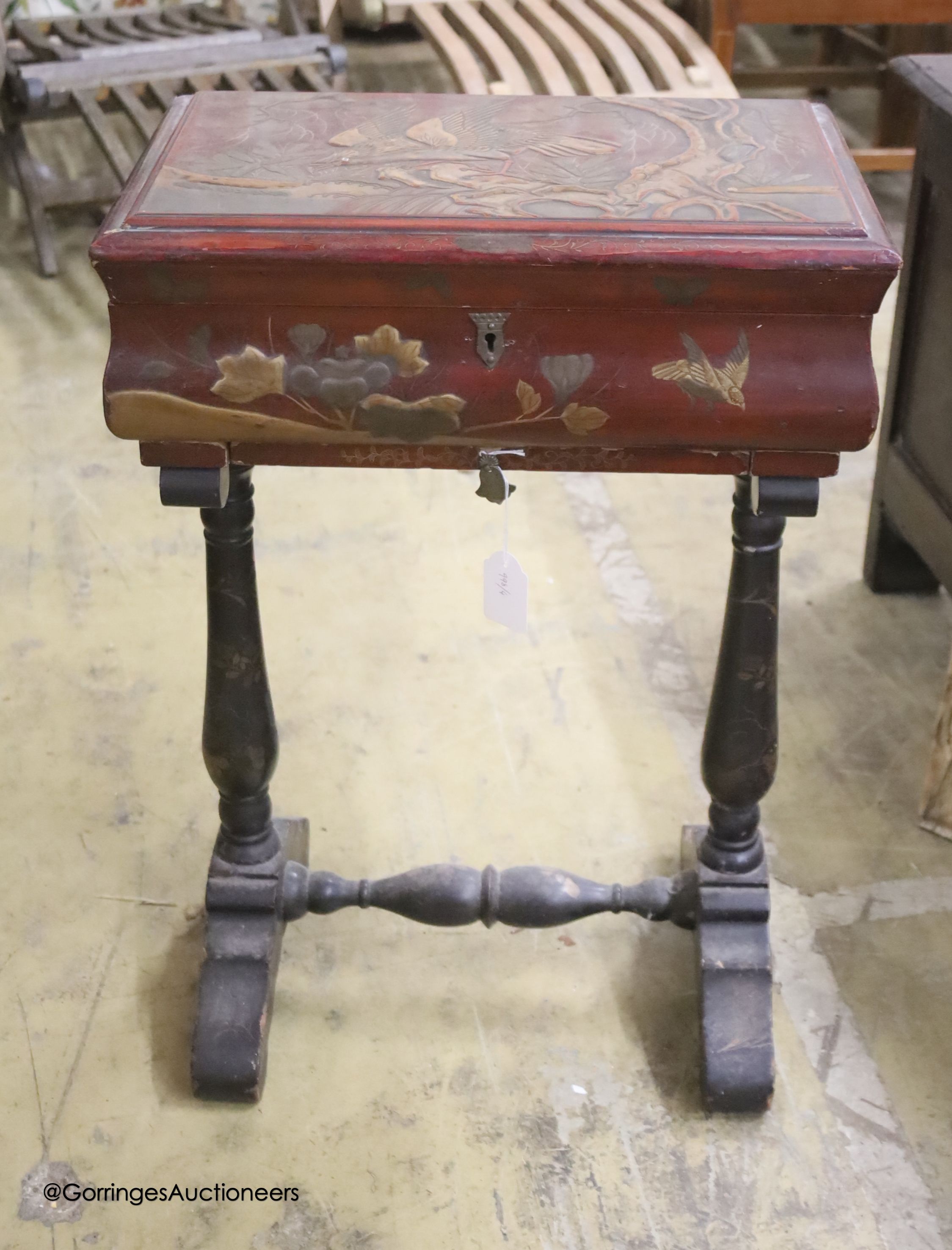 A Chinese lacquered work table, width 47cm, depth 32cm, height 69cm